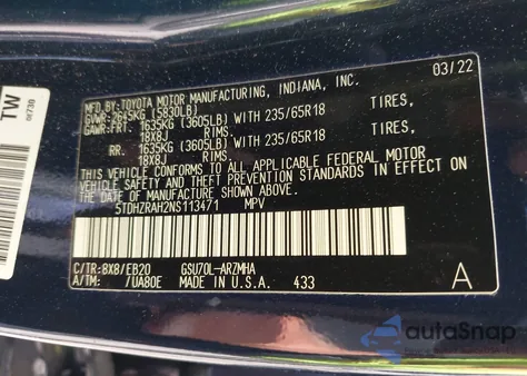 2022 Toyota Highlander Xle from USA, damaged, VIN 5TDHZRAH2NS113471